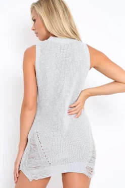 Rebellious Fashion Silver Distressed Knitted Dress - Karis