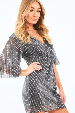 Rebellious Fashion Silver Glitter Plunge Twist Front Mini Dress - Idalis