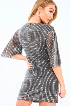 Rebellious Fashion Silver Glitter Plunge Twist Front Mini Dress - Idalis
