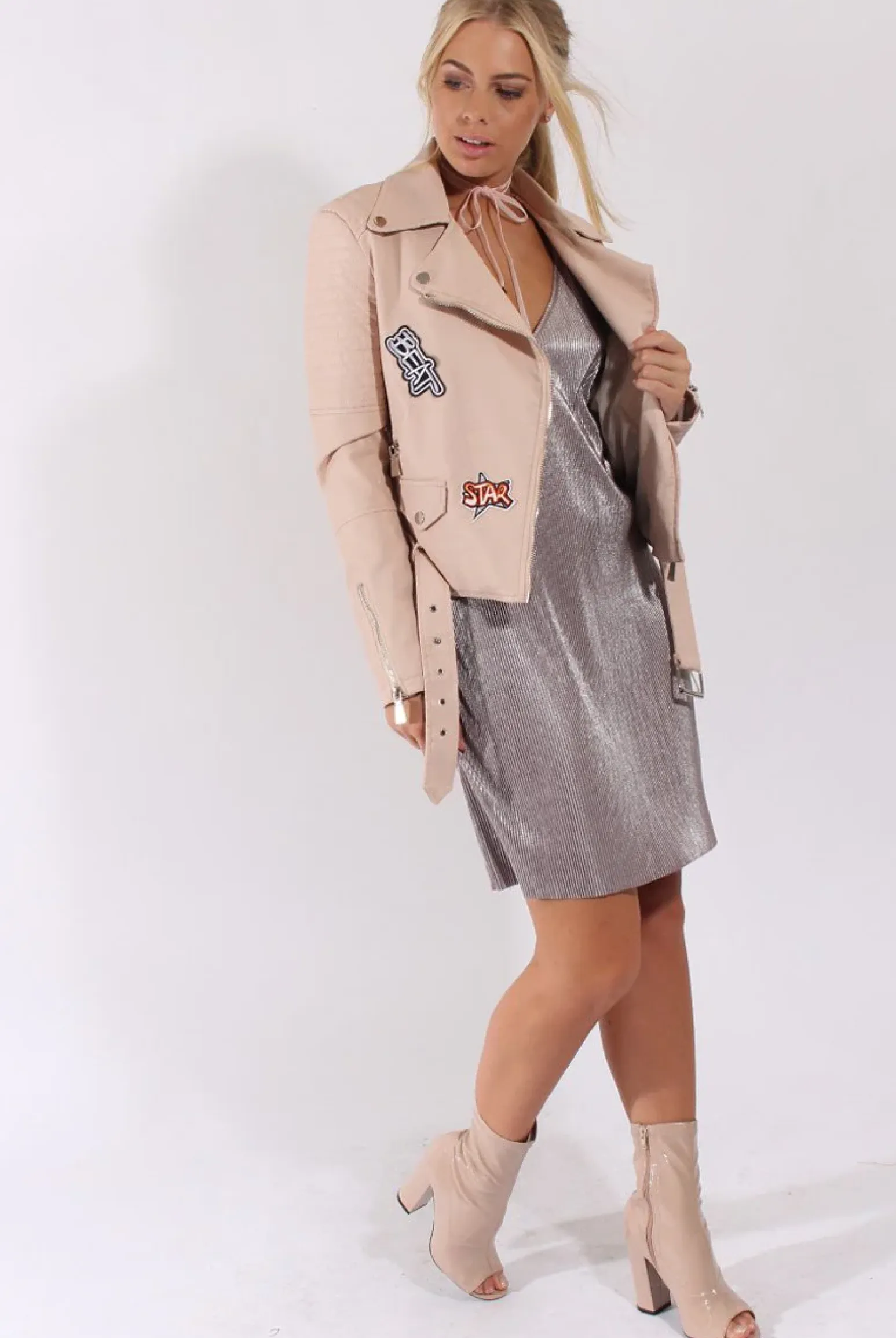 Rebellious Fashion Silver Grey Pleated Metallic Slip Dress - Peaches