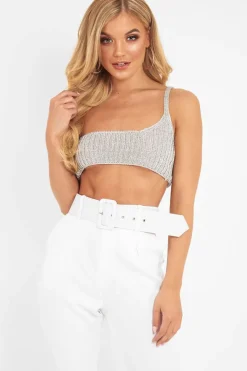 Rebellious Fashion Silver Knitted One Shoulder Crop Top - Houda