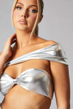 Rebellious Fashion Silver Metallic Bandeau Crop Top & Ruched Mini Skirt Set - Riku