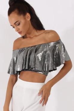 Rebellious Fashion Silver Metallic Bardot Frill Crop Top - Ariana