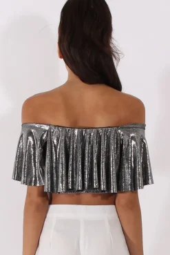 Rebellious Fashion Silver Metallic Bardot Frill Crop Top - Ariana