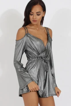 Rebellious Fashion Silver Metallic Cold Shoulder Wrap Playsuit - Shanna
