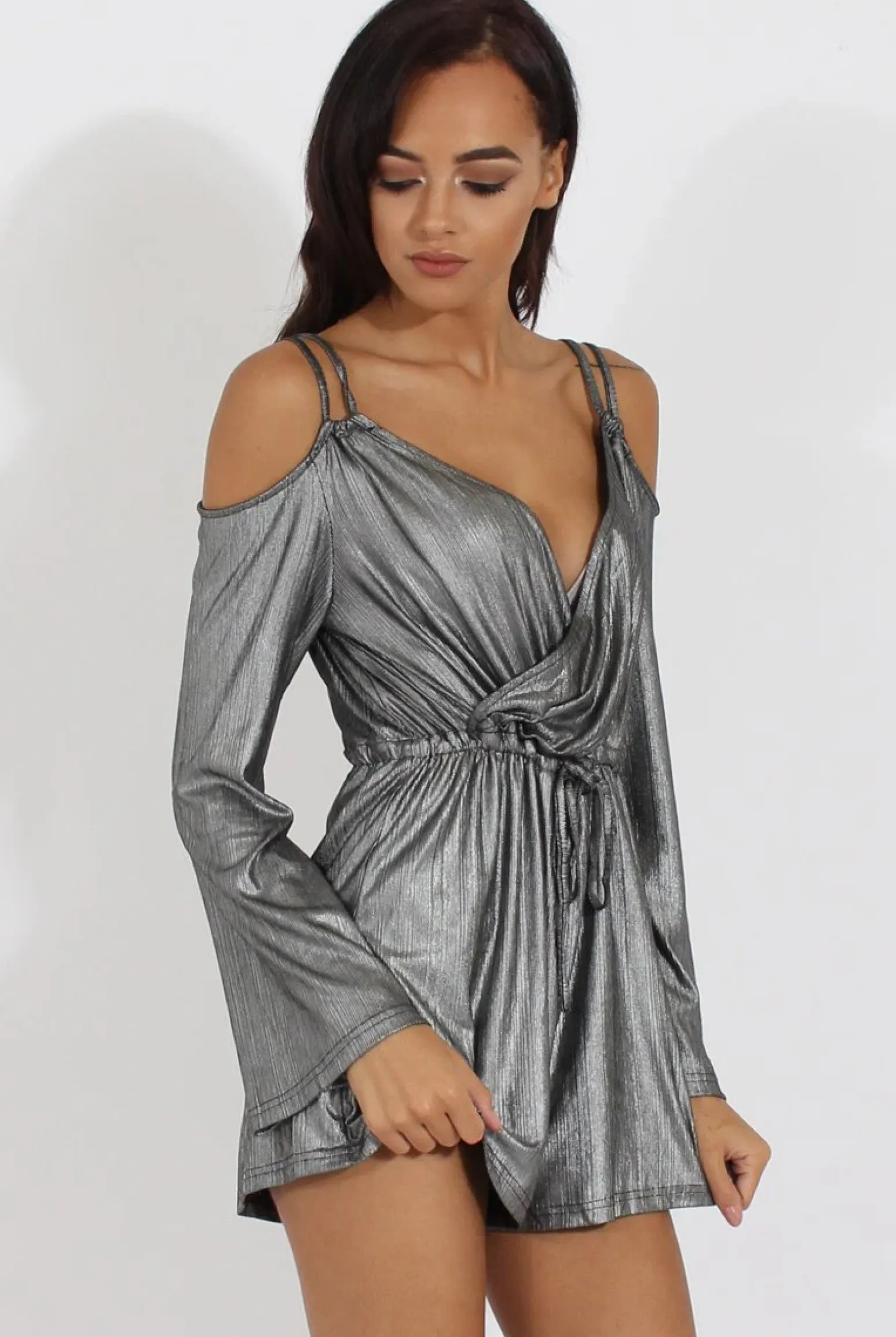 Rebellious Fashion Silver Metallic Cold Shoulder Wrap Playsuit - Shanna