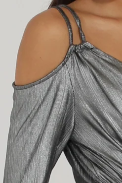 Rebellious Fashion Silver Metallic Cold Shoulder Wrap Playsuit - Shanna