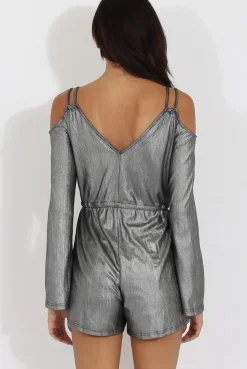 Rebellious Fashion Silver Metallic Cold Shoulder Wrap Playsuit - Shanna