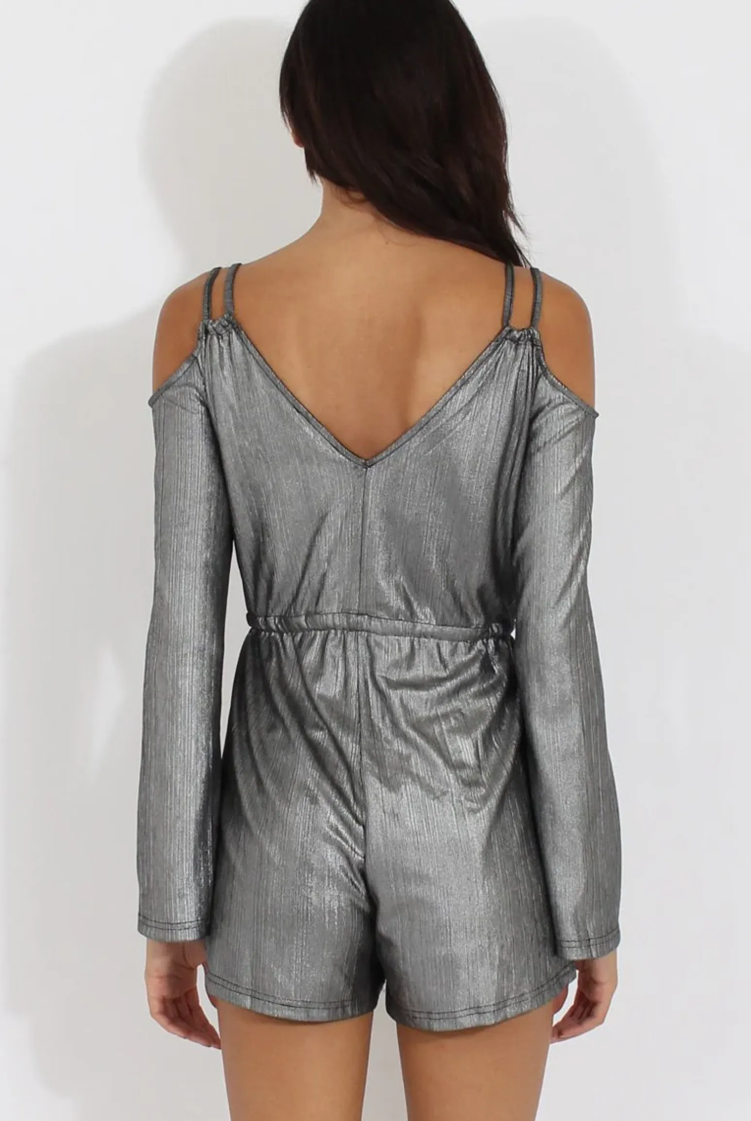 Rebellious Fashion Silver Metallic Cold Shoulder Wrap Playsuit - Shanna