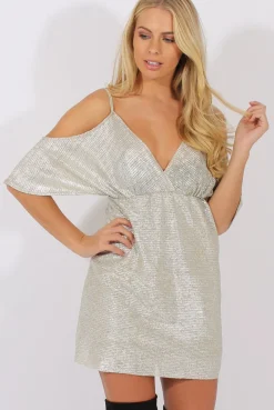 Rebellious Fashion Silver Metallic Cold Shoulder Tie Back Dress - Fern