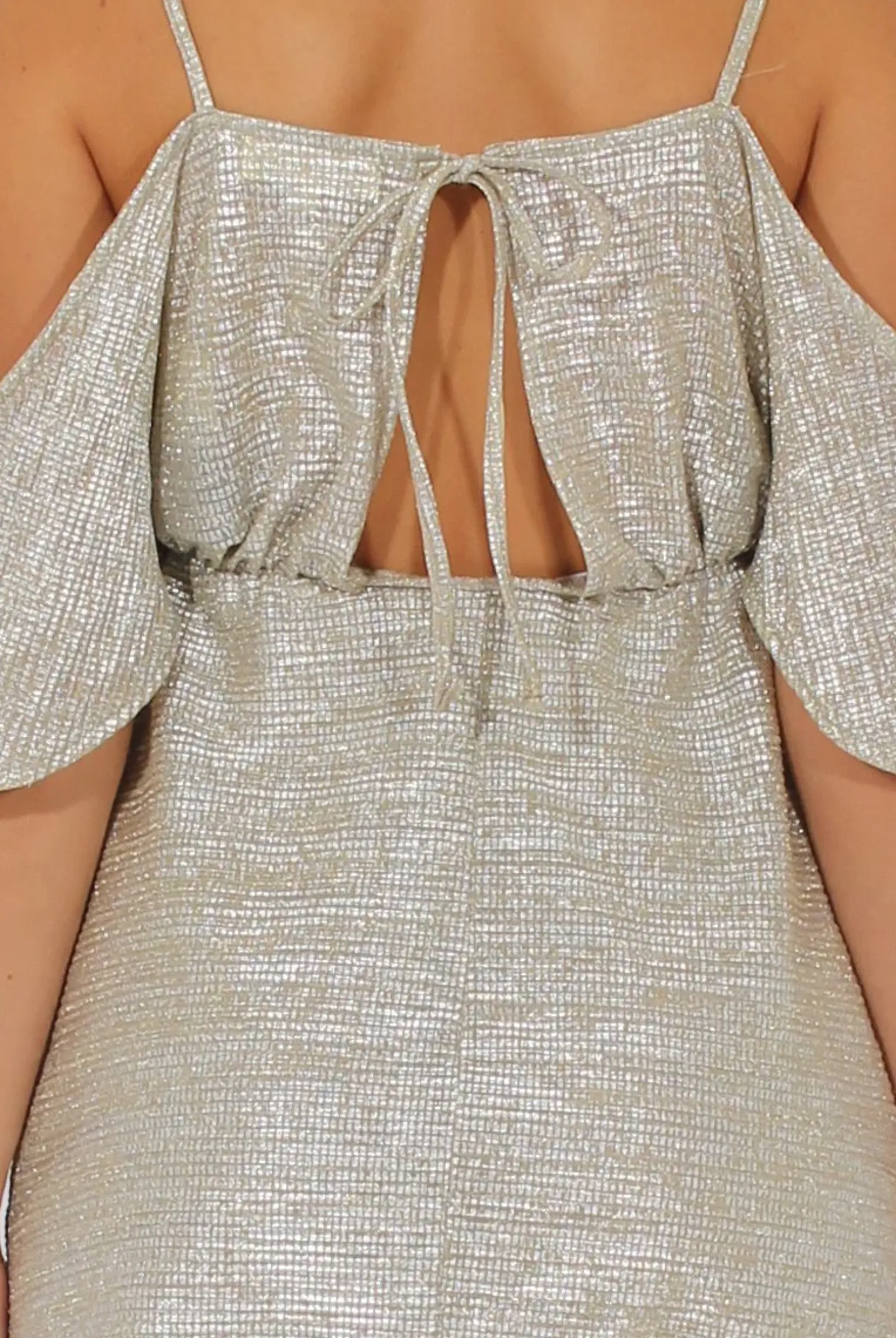 Rebellious Fashion Silver Metallic Cold Shoulder Tie Back Dress - Fern