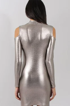Rebellious Fashion Silver Metallic Cold Shoulder Dress - Torian