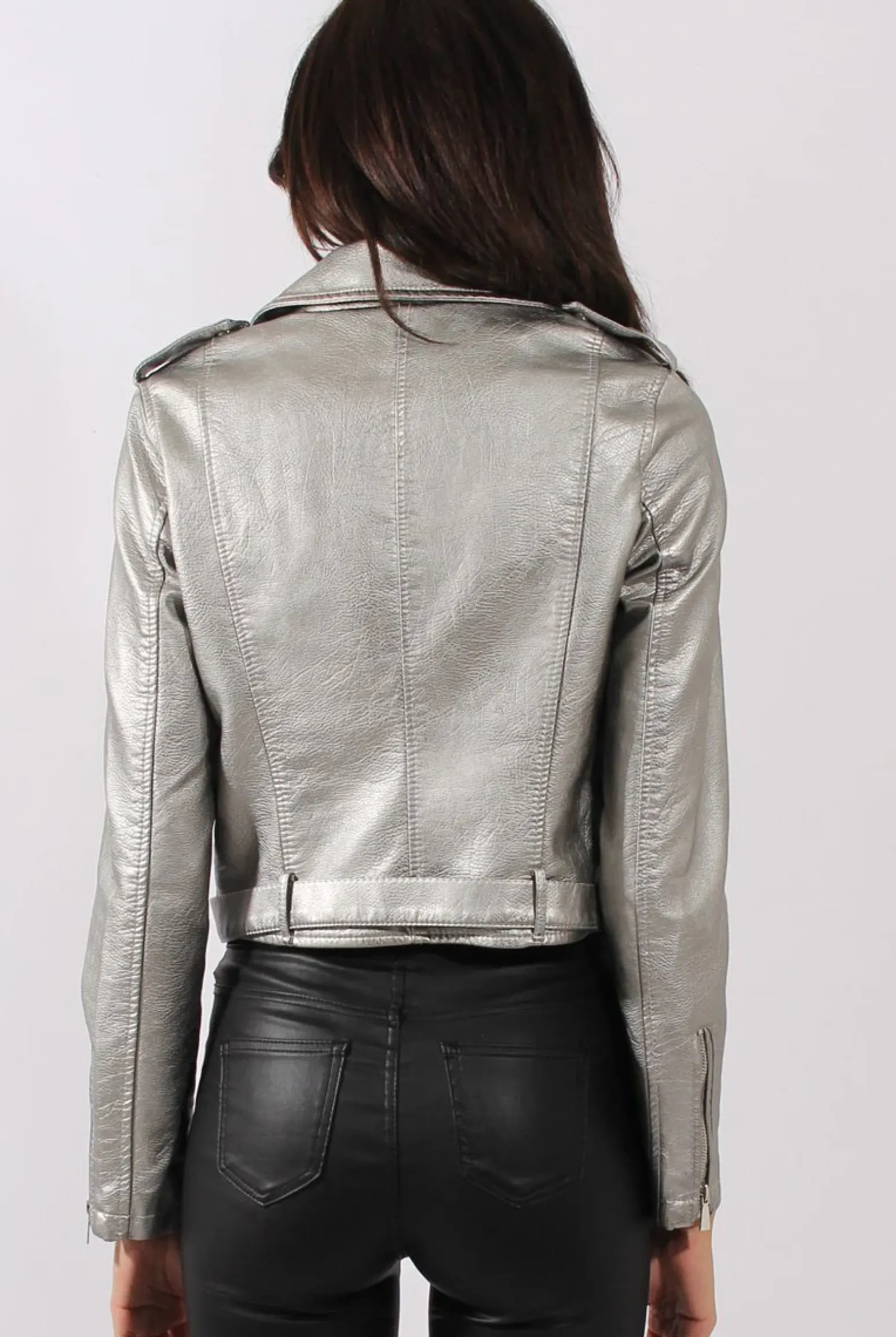 Rebellious Fashion Silver Metallic Cropped Biker Jacket - Bianca
