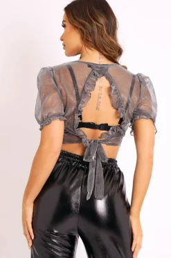 Rebellious Fashion Silver Metallic Finish Tie Back Crop Top - Cymone
