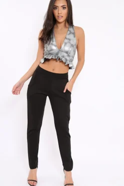 Rebellious Fashion Silver Metallic Frill Hem Racer Back Crop Top - Lucie