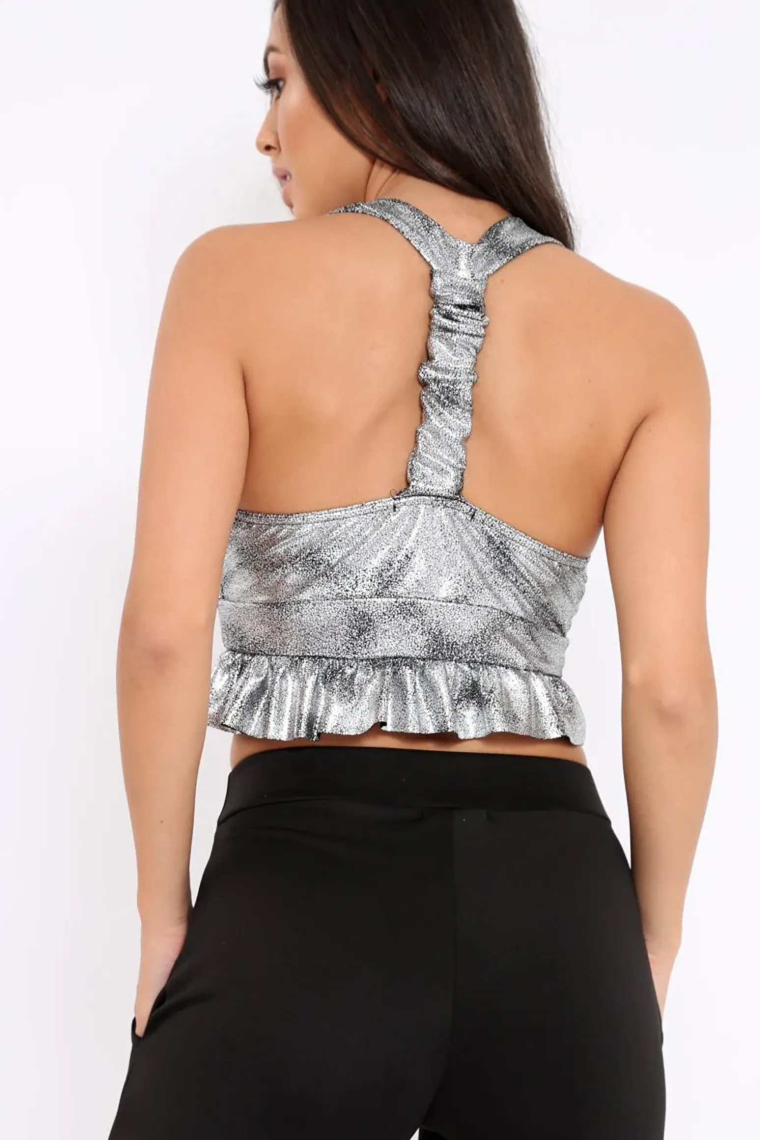Rebellious Fashion Silver Metallic Frill Hem Racer Back Crop Top - Lucie