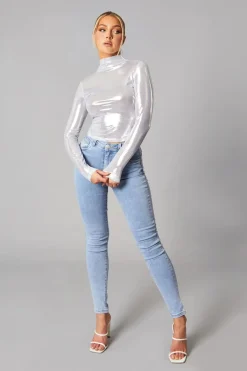 Rebellious Fashion Silver Metallic High Neck Long sleeve Top - Maho