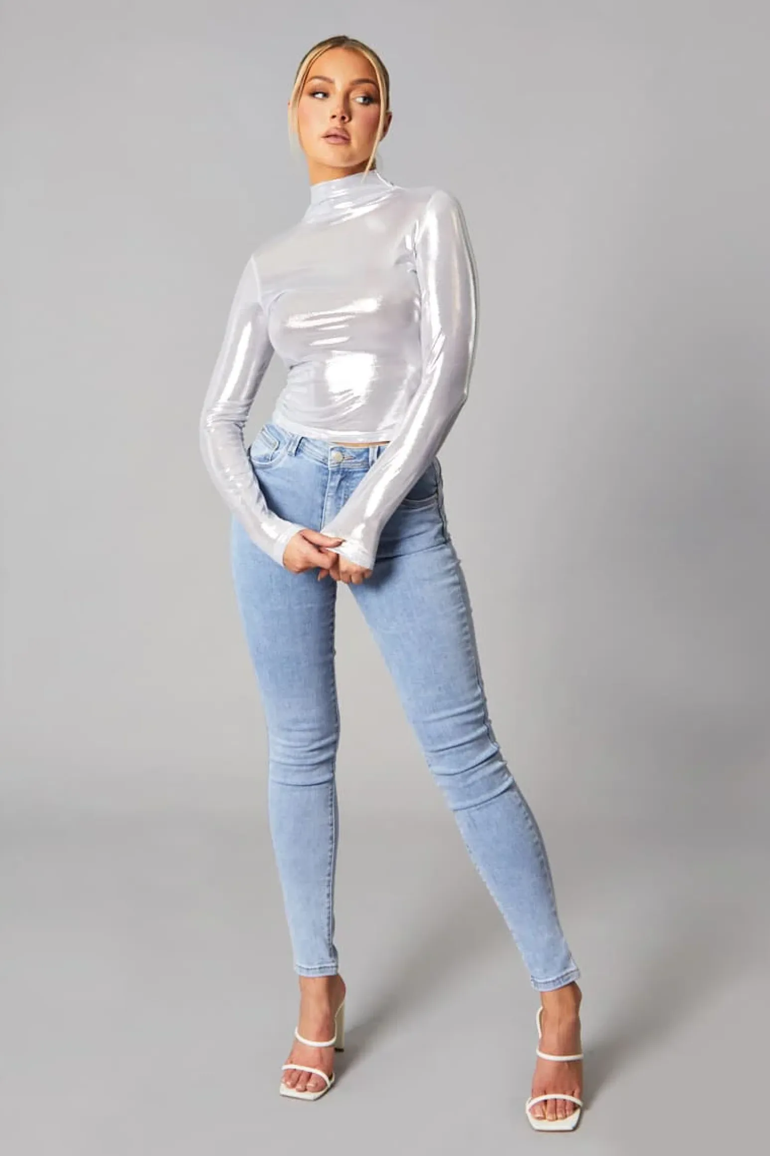 Rebellious Fashion Silver Metallic High Neck Long sleeve Top - Maho