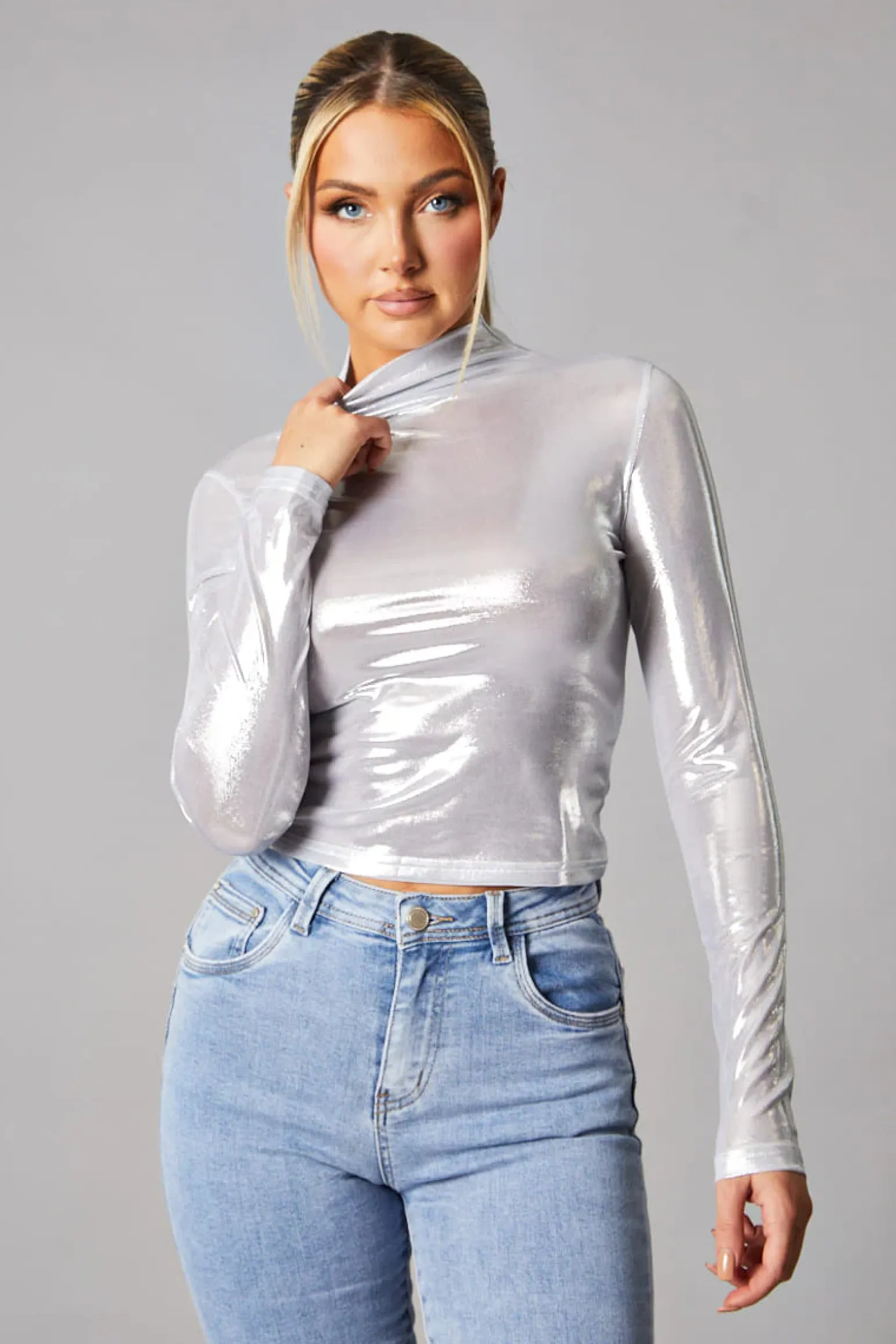 Rebellious Fashion Silver Metallic High Neck Long sleeve Top - Maho