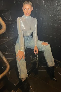 Rebellious Fashion Silver Metallic High Neck Long sleeve Top - Maho