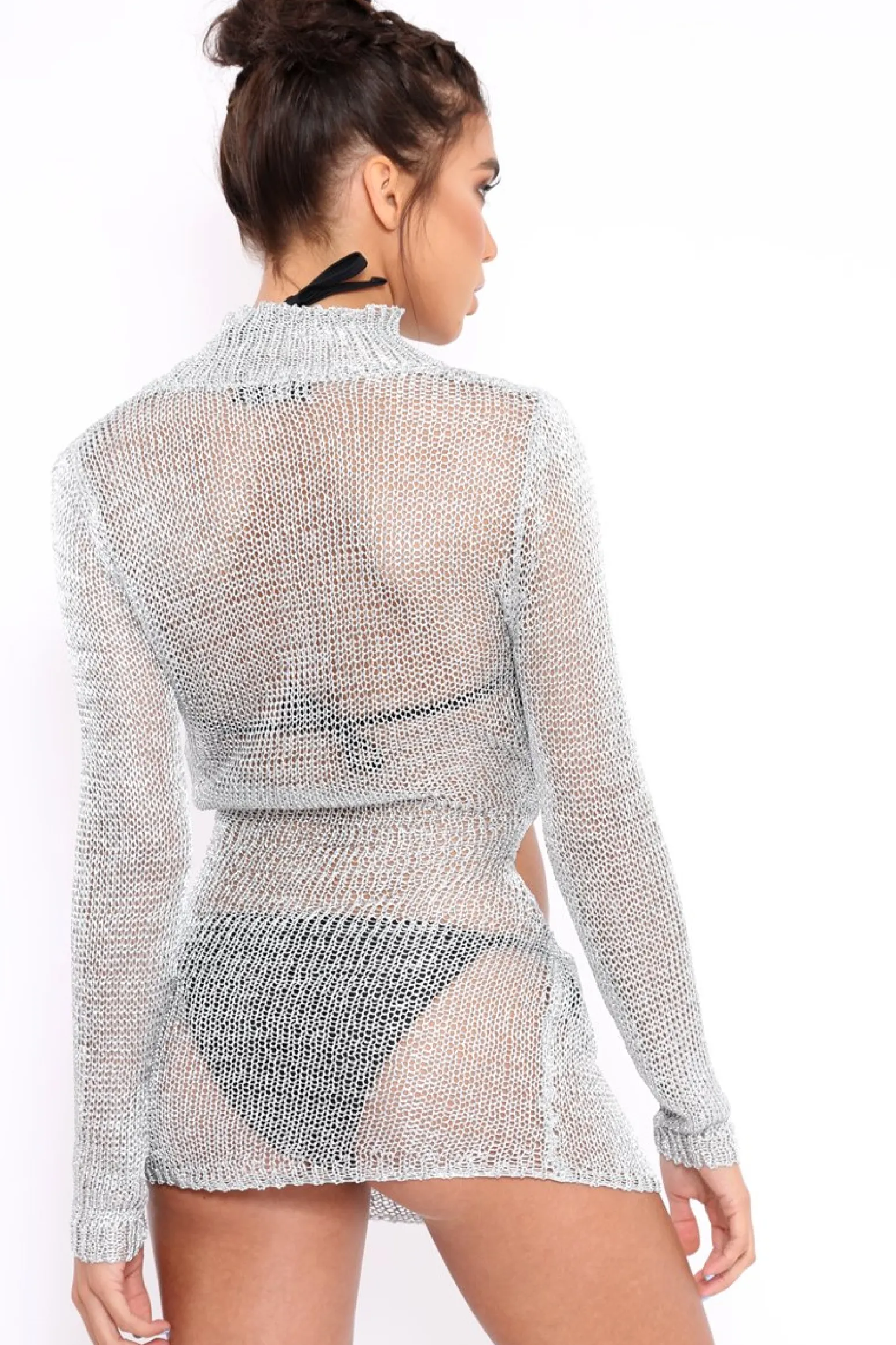Rebellious Fashion Silver Metallic Knitted Cut Out Gathered Front Dress - Idah
