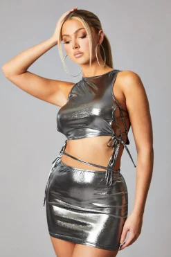 Rebellious Fashion Silver Metallic Lace Up Detail Cropped Top & Mini skirt Set -- Mizuki