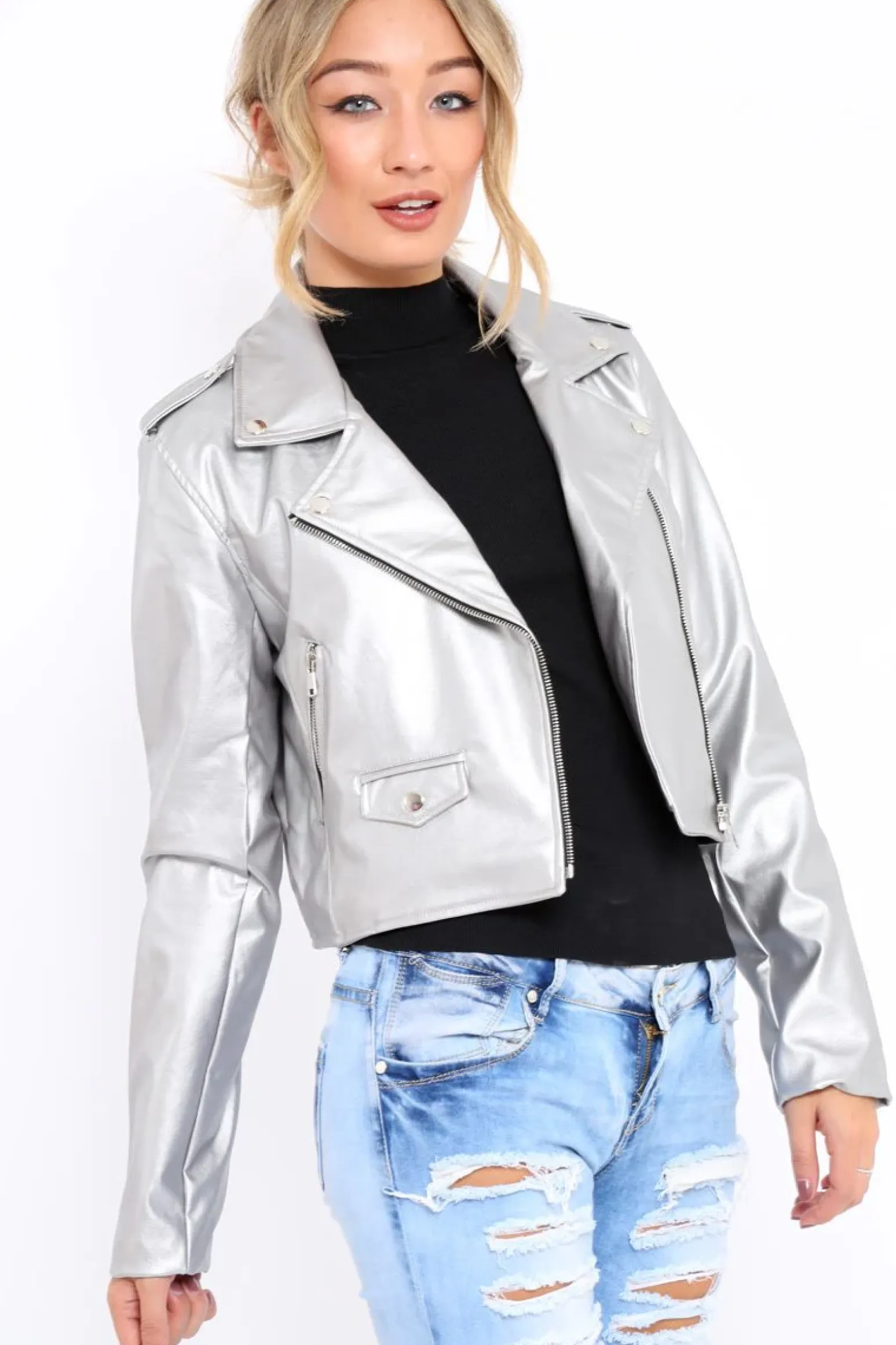 Rebellious Fashion Silver Metallic Leather Jacket - Adrienne