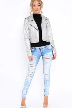 Rebellious Fashion Silver Metallic Leather Jacket - Adrienne