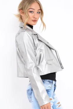 Rebellious Fashion Silver Metallic Leather Jacket - Adrienne