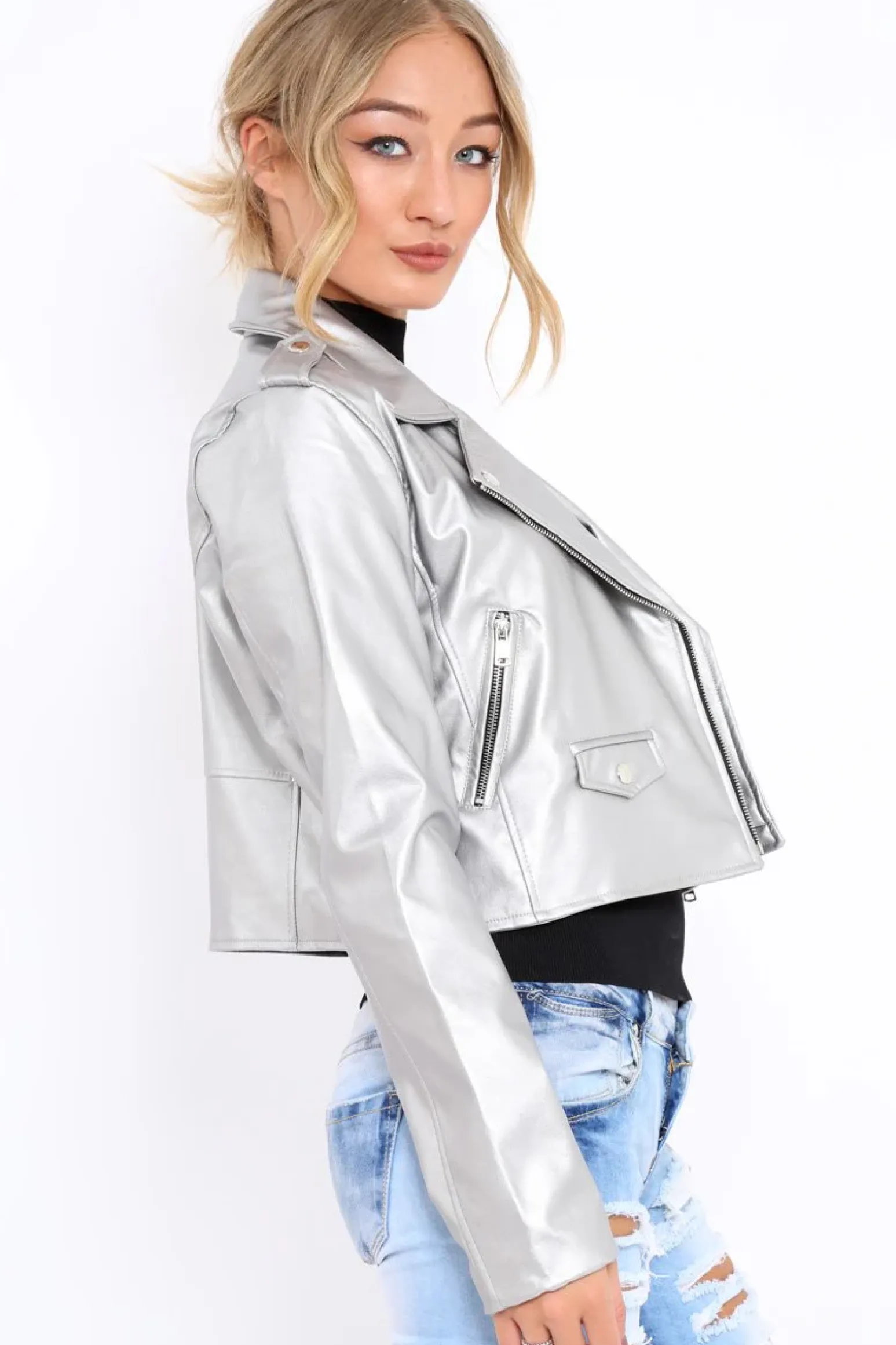 Rebellious Fashion Silver Metallic Leather Jacket - Adrienne