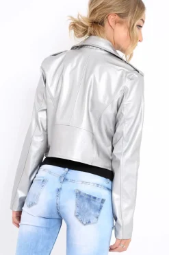 Rebellious Fashion Silver Metallic Leather Jacket - Adrienne