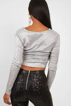 Rebellious Fashion Silver Metallic Long Sleeved Plunge Crop Top - Eevie