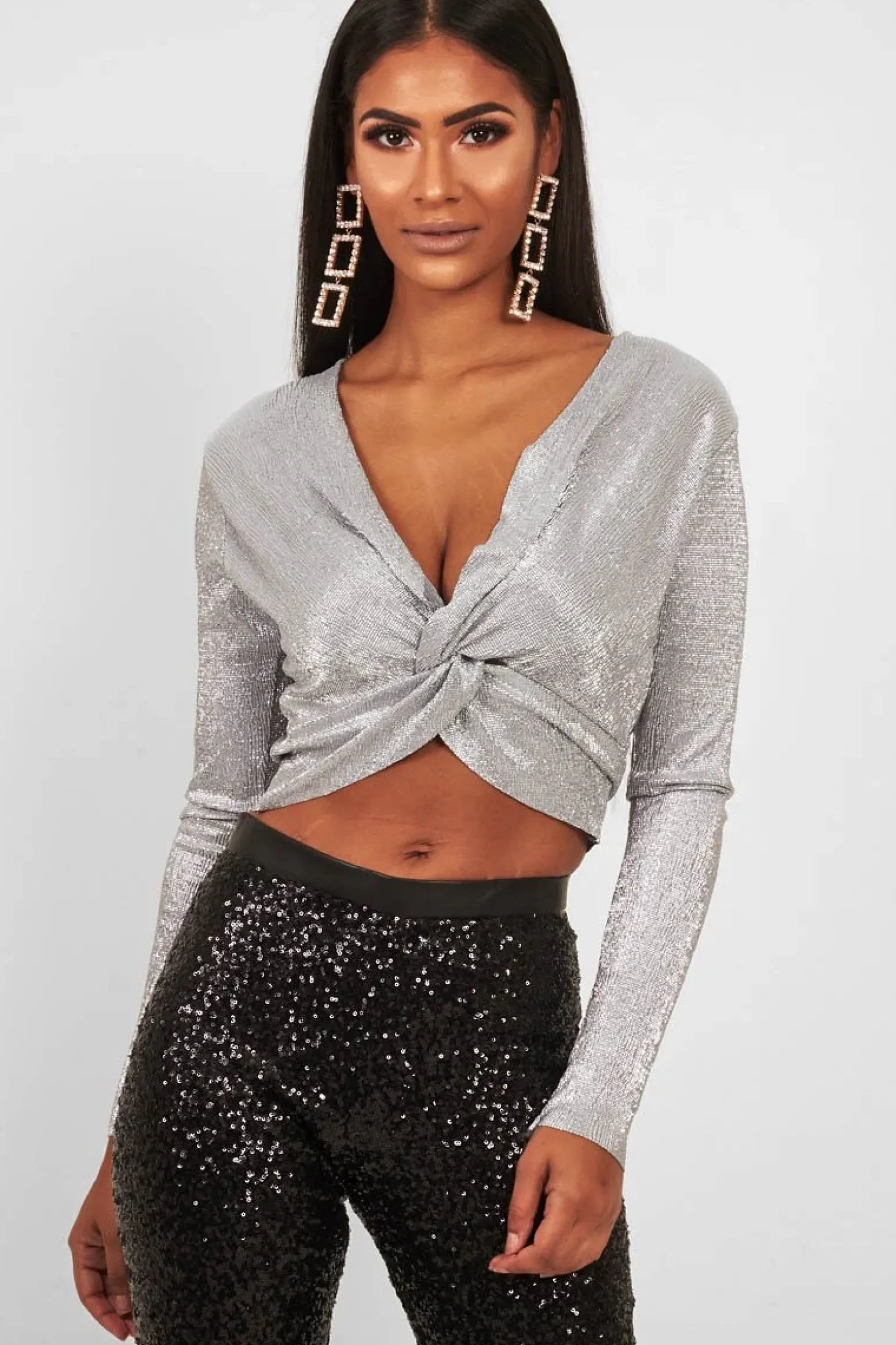 Rebellious Fashion Silver Metallic Long Sleeved Plunge Crop Top - Eevie