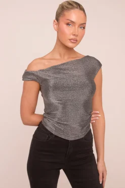 Rebellious Fashion Silver Metallic Lurex One shoulder Crop Top - Isabelle