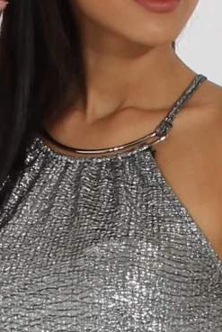Rebellious Fashion Silver Metallic Necklet Detail Bodysuit - Marilyn