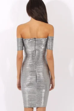 Rebellious Fashion Silver Metallic Pleated Bardot V Front Midi Dress - Lucia