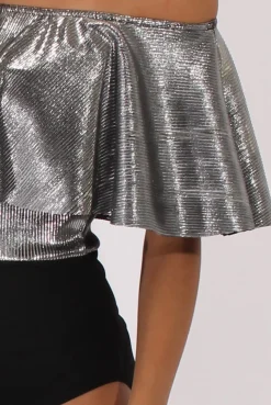 Rebellious Fashion Silver Metallic Pleated Bardot Bodysuit - Aubree
