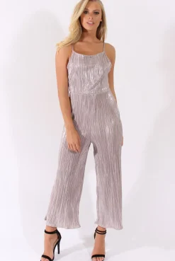 Rebellious Fashion Silver Metallic Pleated Cropped Jumpsuit - Arabella
