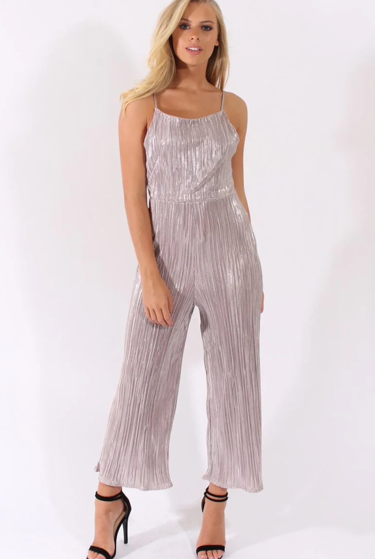 Rebellious Fashion Silver Metallic Pleated Cropped Jumpsuit - Arabella
