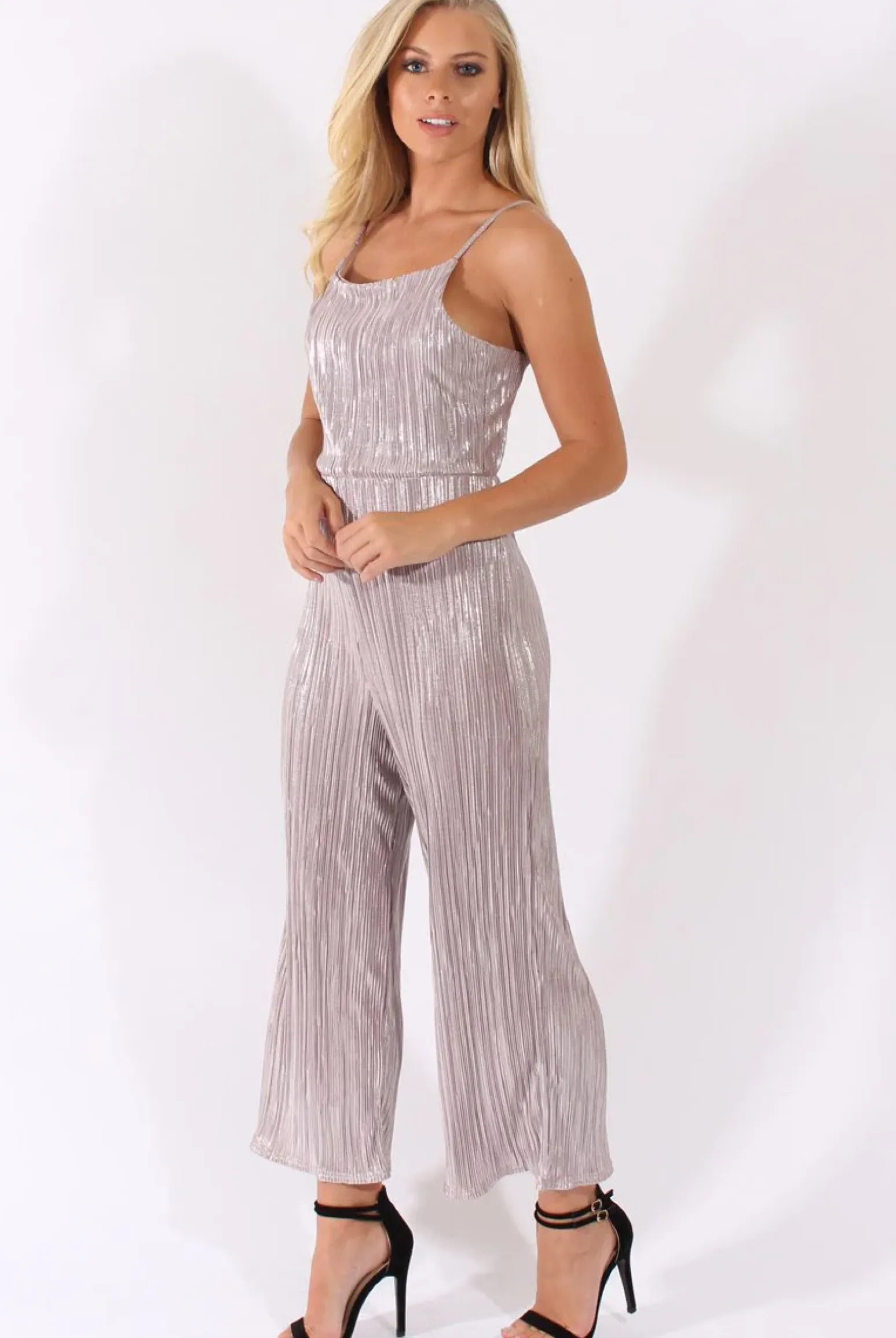 Rebellious Fashion Silver Metallic Pleated Cropped Jumpsuit - Arabella