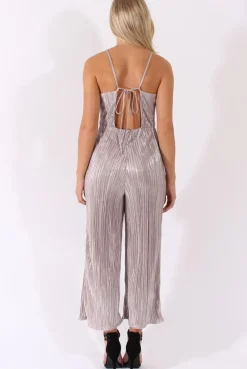 Rebellious Fashion Silver Metallic Pleated Cropped Jumpsuit - Arabella