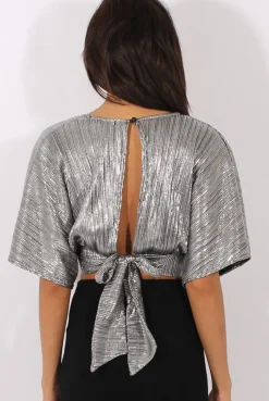 Rebellious Fashion Silver Metallic Pleated Open Back Crop Top - Mariah