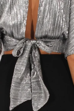 Rebellious Fashion Silver Metallic Pleated Open Back Crop Top - Mariah