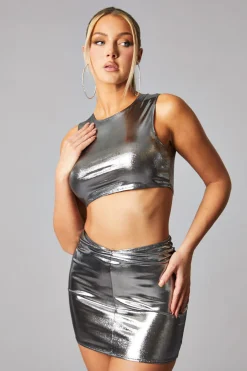 Rebellious Fashion Silver Metallic Sleeveless Crop Top & Mini Skirt Set - Aiko