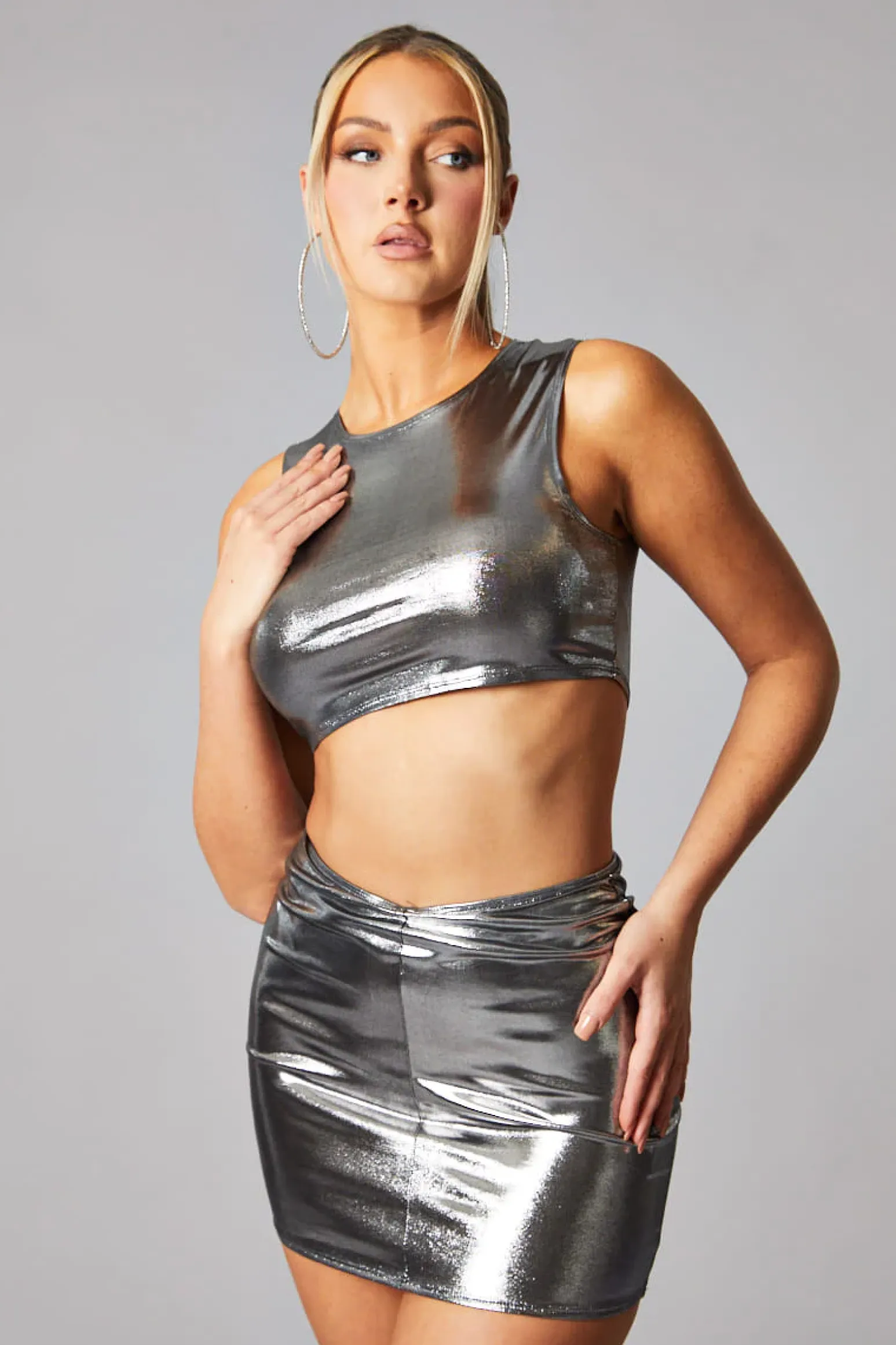 Rebellious Fashion Silver Metallic Sleeveless Crop Top & Mini Skirt Set - Aiko