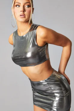 Rebellious Fashion Silver Metallic Sleeveless Crop Top & Mini Skirt Set - Aiko