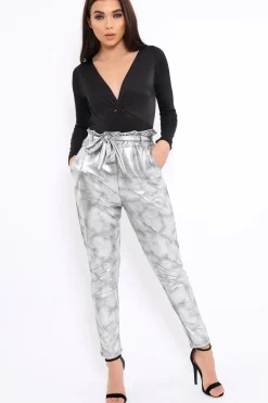 Rebellious Fashion Silver Metallic Tie Waist Trousers - Brigette
