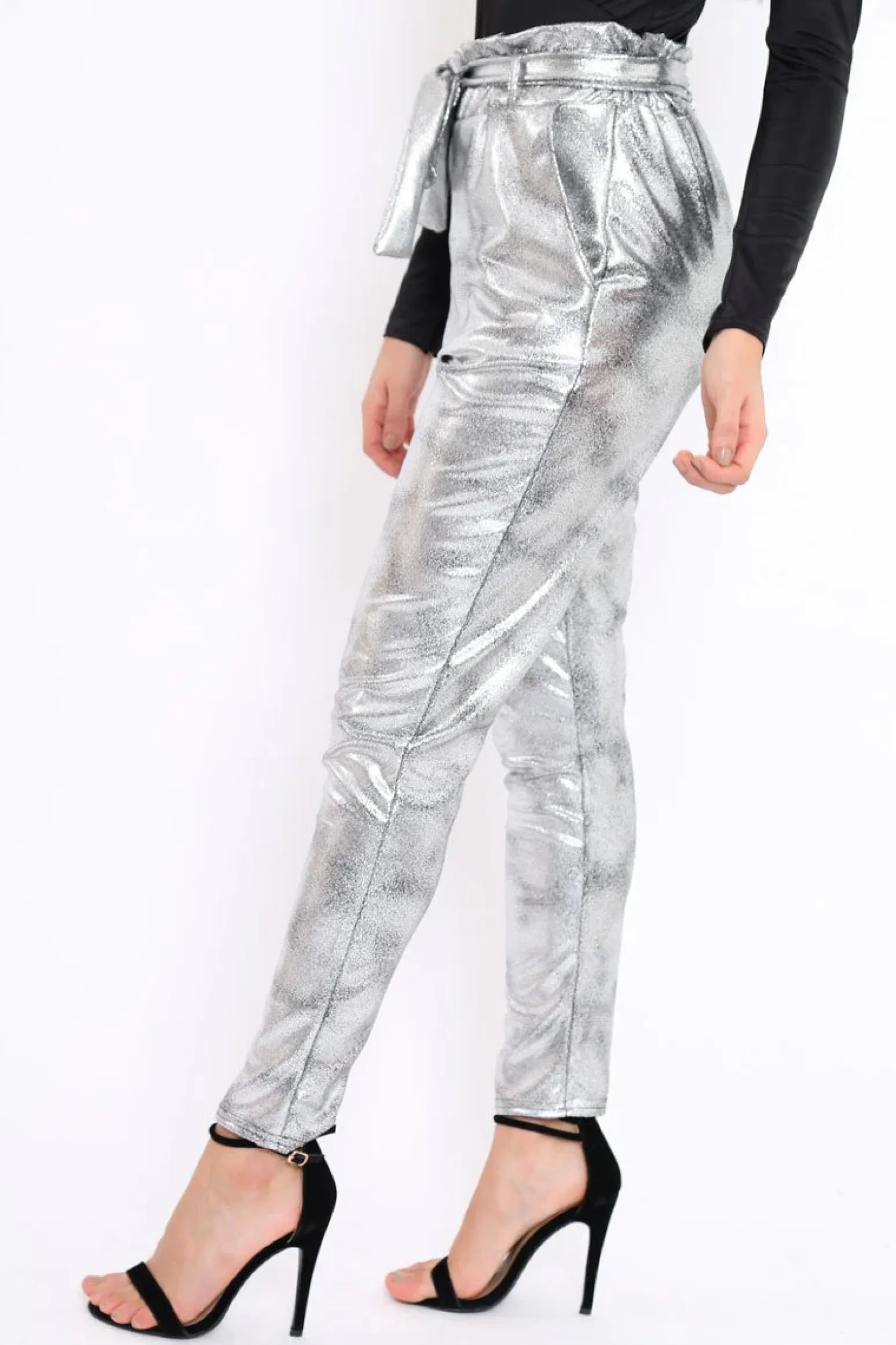 Rebellious Fashion Silver Metallic Tie Waist Trousers - Brigette