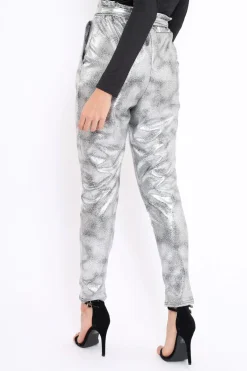 Rebellious Fashion Silver Metallic Tie Waist Trousers - Brigette