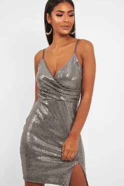 Rebellious Fashion Silver Metallic Wrap Front Bodycon Mini Dress - Garnett